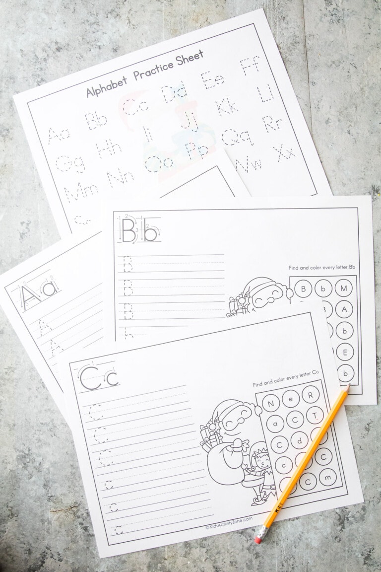 Christmas Alphabet Practice Worksheets on gray background