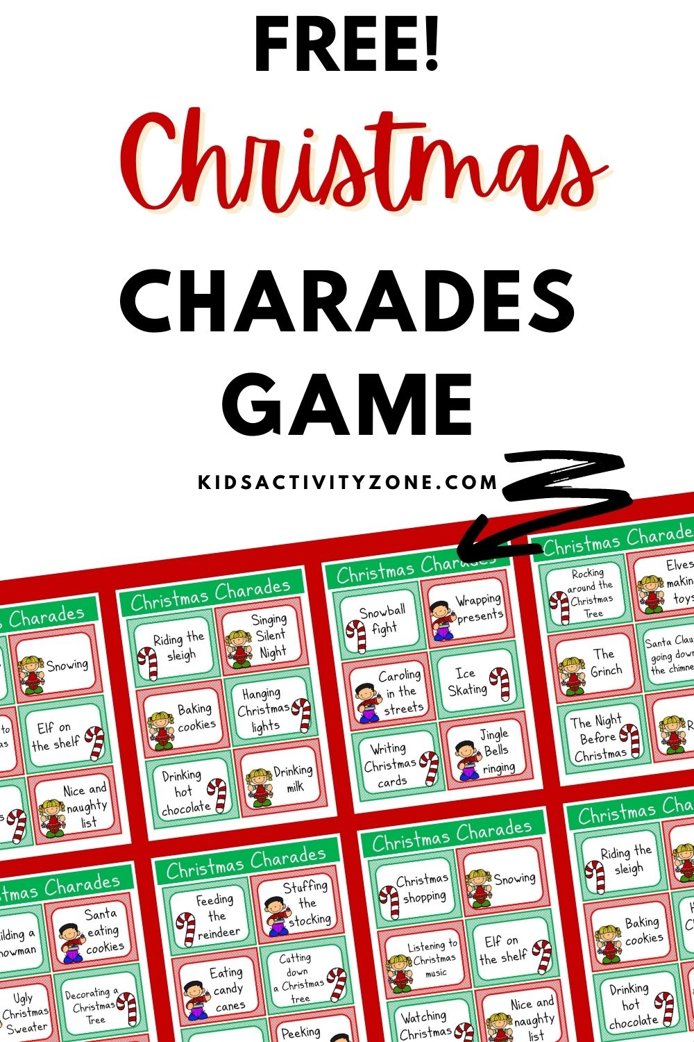 Christmas Charades Game is a fun holiday party game for everyone! Simply print off the charades cards, cut them into cards and play. The kids will think this is a blast. Perfect entertainment at your Christmas gathering!