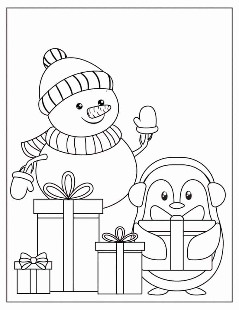 Gift Snowman and Penguin Coloring Page