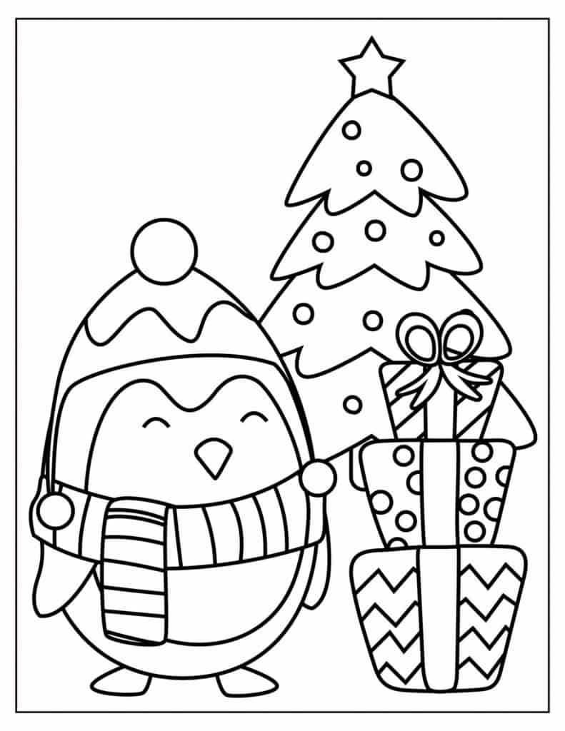 Penguin Tree and Present Christmas Coloring Page