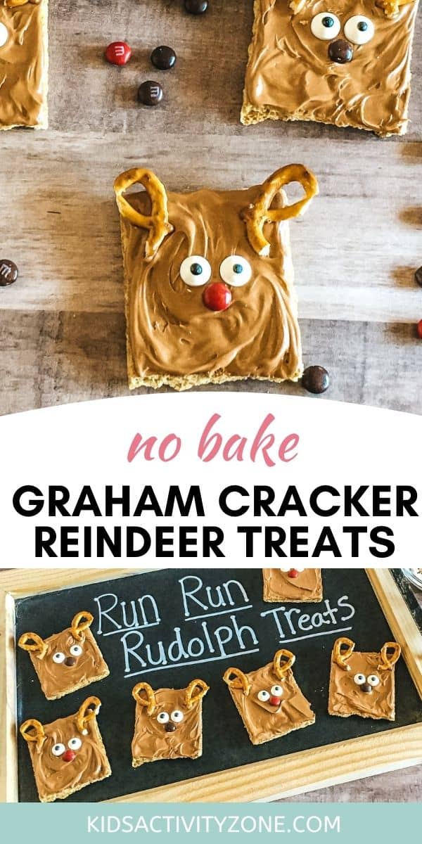 Graham Cracker Reindeer Treats are a quick and easy treat that's perfect for children's holiday parties at school or anywhere. Simply grab frosting, candy eyes, pretzels, graham crackers and M&Ms to make this easy No Bake Christmas Treats!