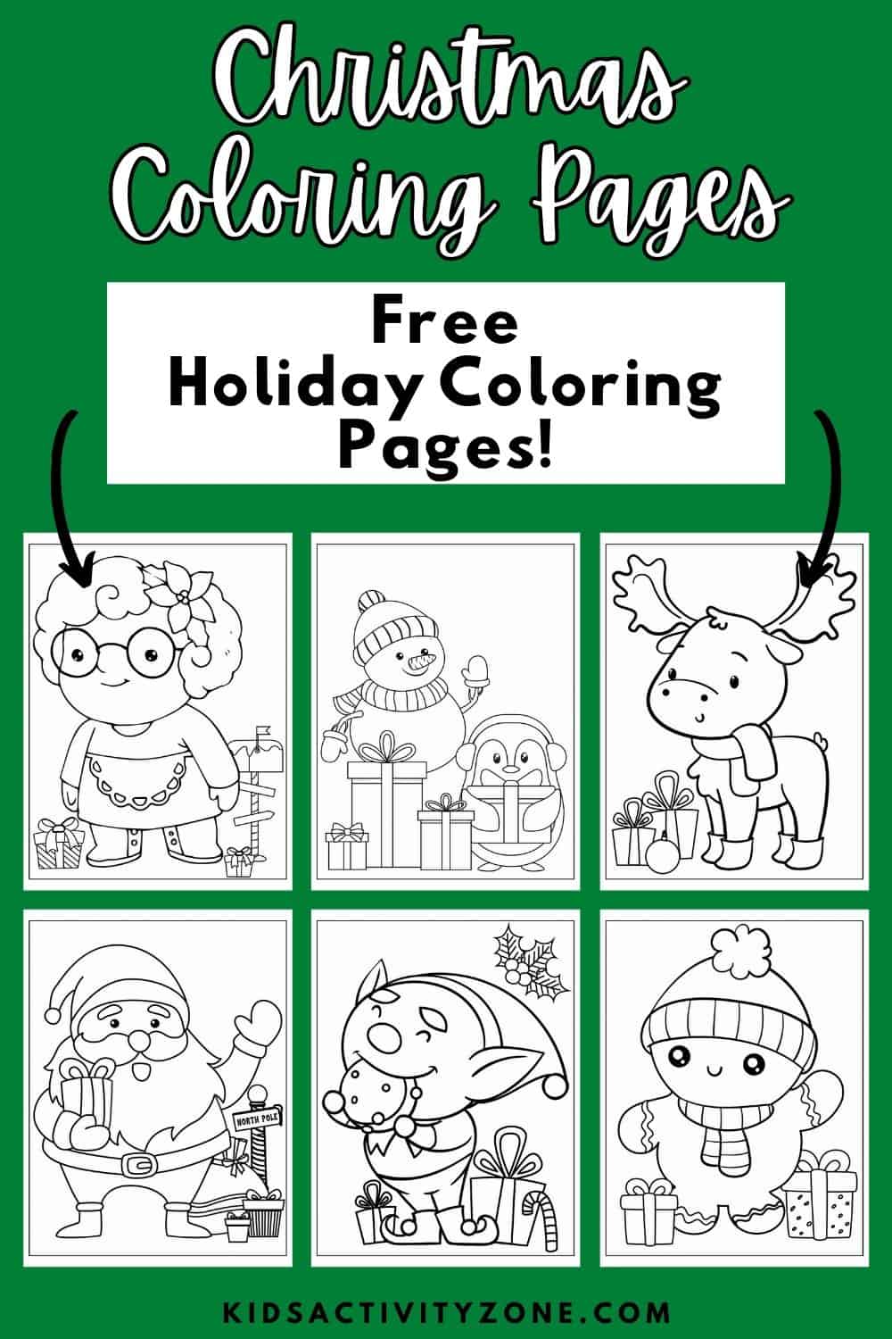 A set of 12 Free Christmas Coloring Page printables perfect for holiday gatherings, classroom parties and keeping kids busy. This set included Santa, Mrs. Claus, Reindeer and more!