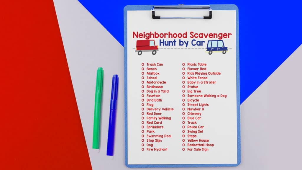 Scavenger Hunt by Car printable image on red and white background