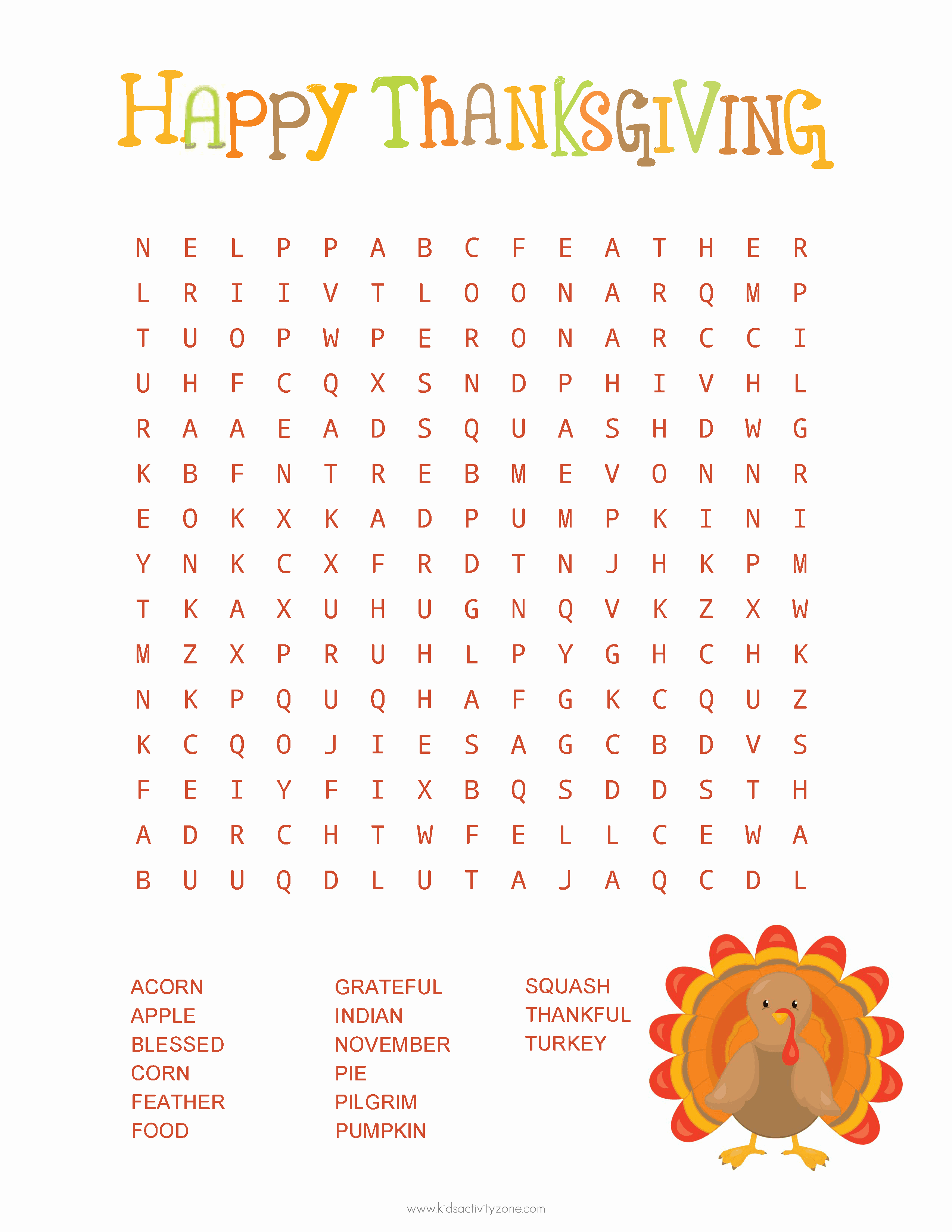 Word Search Thanksgiving Printable