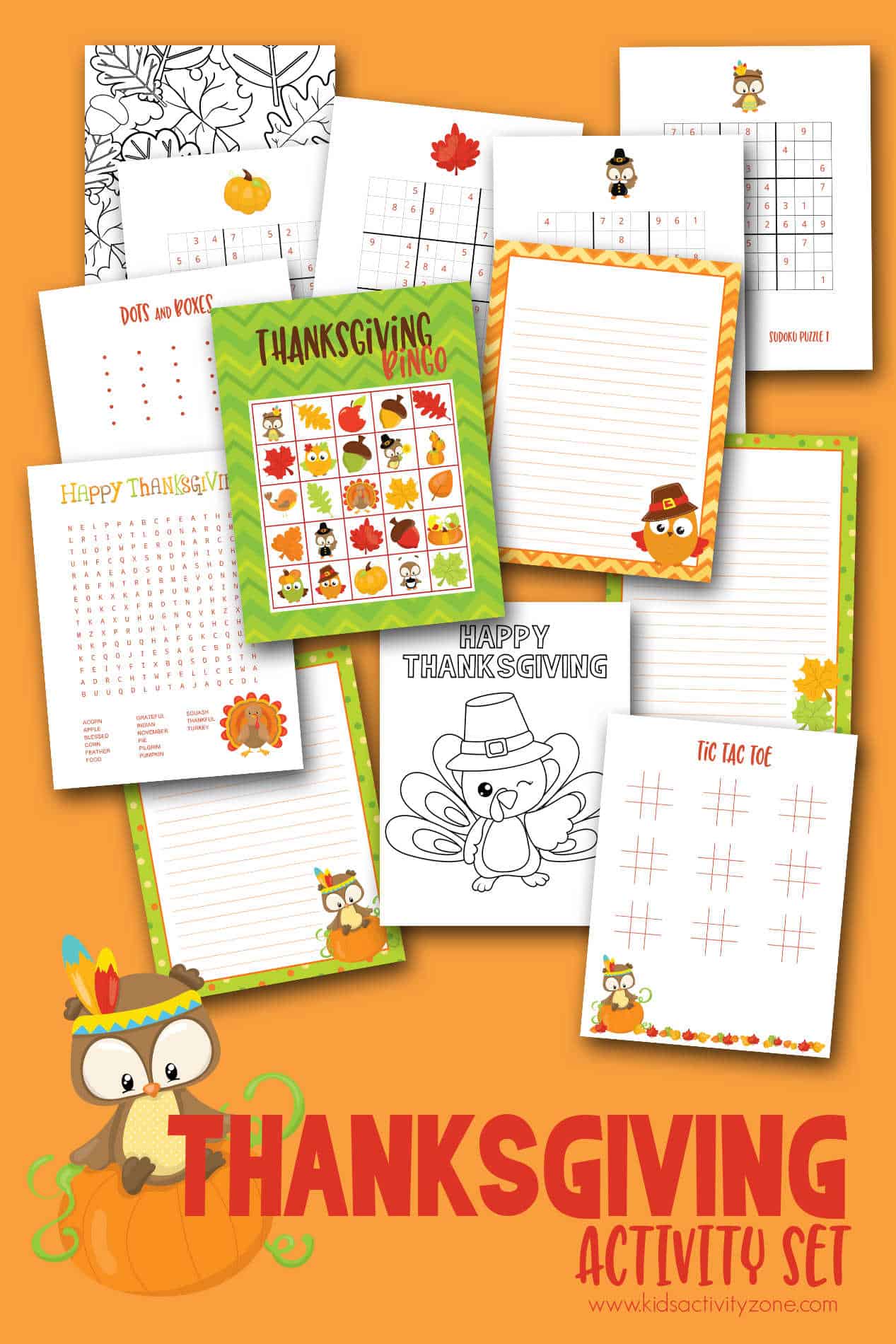 A great round up games, printables and more. This Free Thanksgiving Activities Printable includes a word find, coloring pages, Thanksgiving Bingo, Sudoku games, Tic Tac Toe and more!