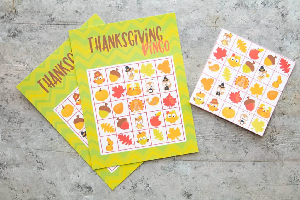 Two Thanksgiving Bingo cards and a card of calling images