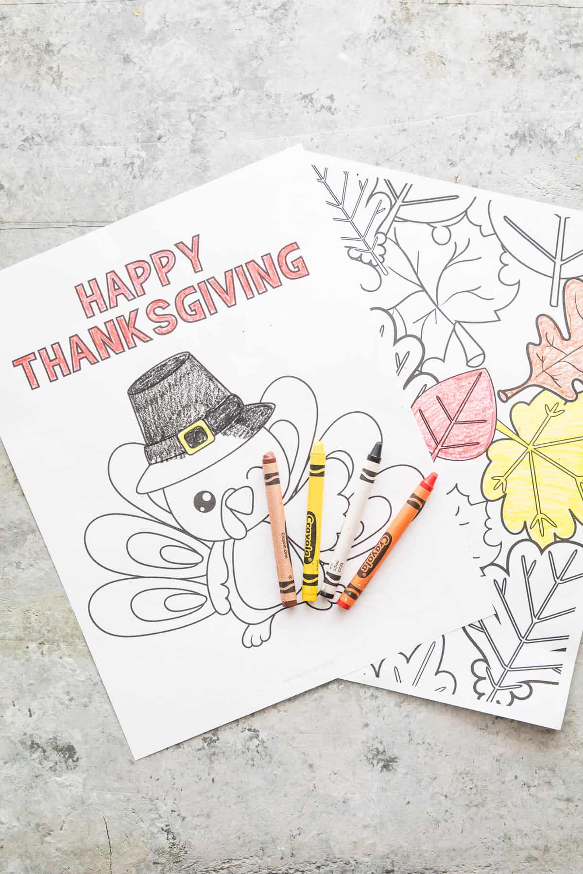 Two Thanksgiving Coloring Pages with crayons