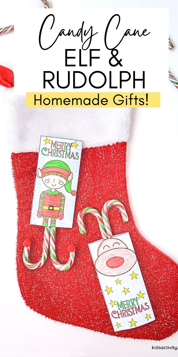 Color these cute Elves and Rudolph then grab two mini candy canes to attach to them. The candy canes will be the elve's feet or the reindeer's ears! So cute and fun to make. They make a great gift for kids to give out.