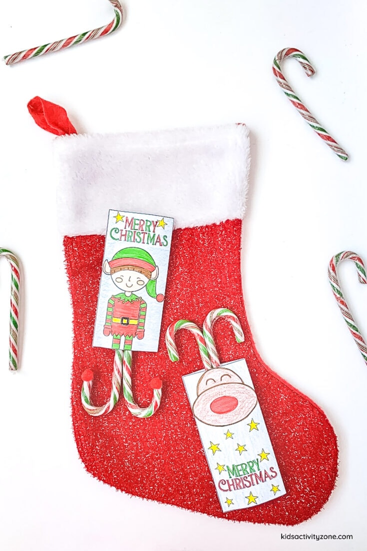 Candy Cane Elf and Rudolph on red stocking