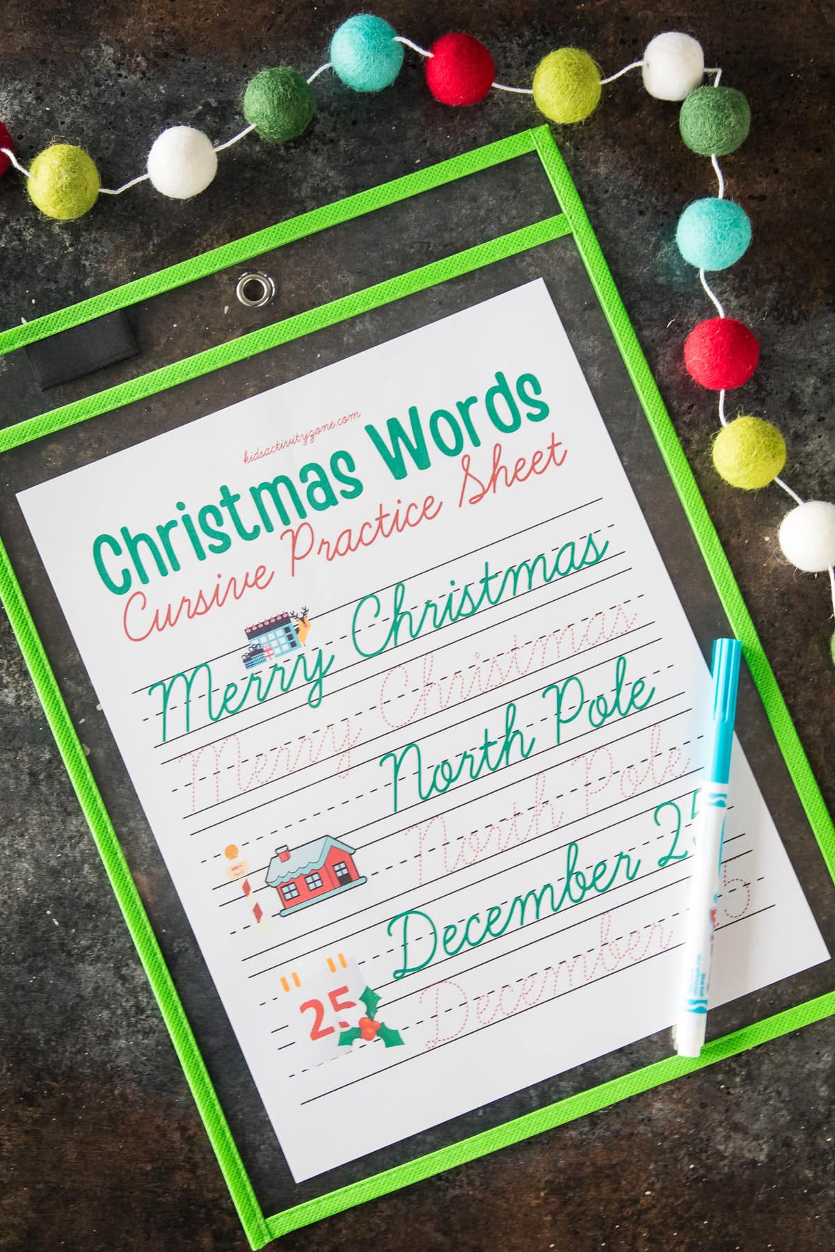 Christmas Cursive Words Worksheet in dry erase sleeve