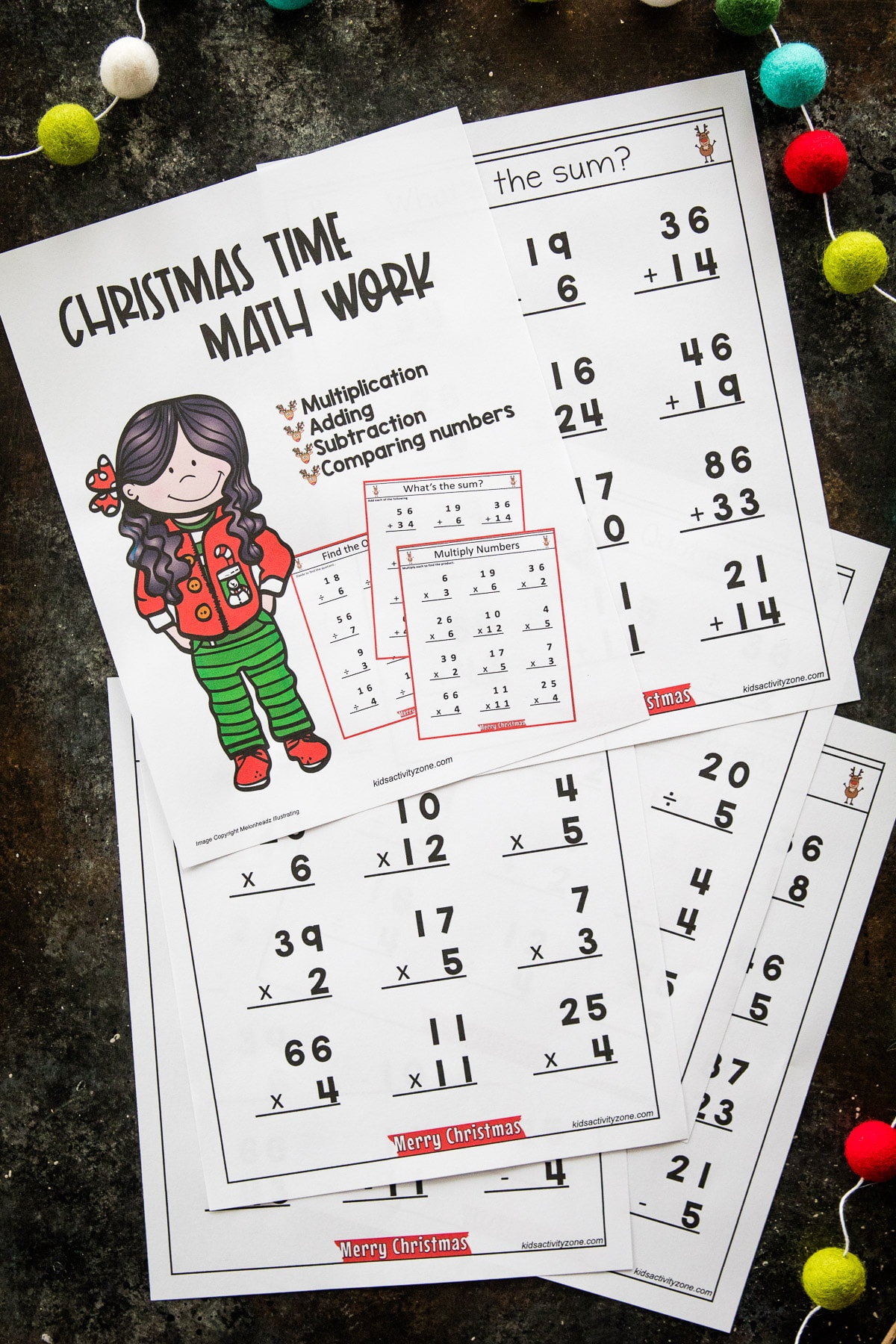 Christmas Math Worksheets on dark background