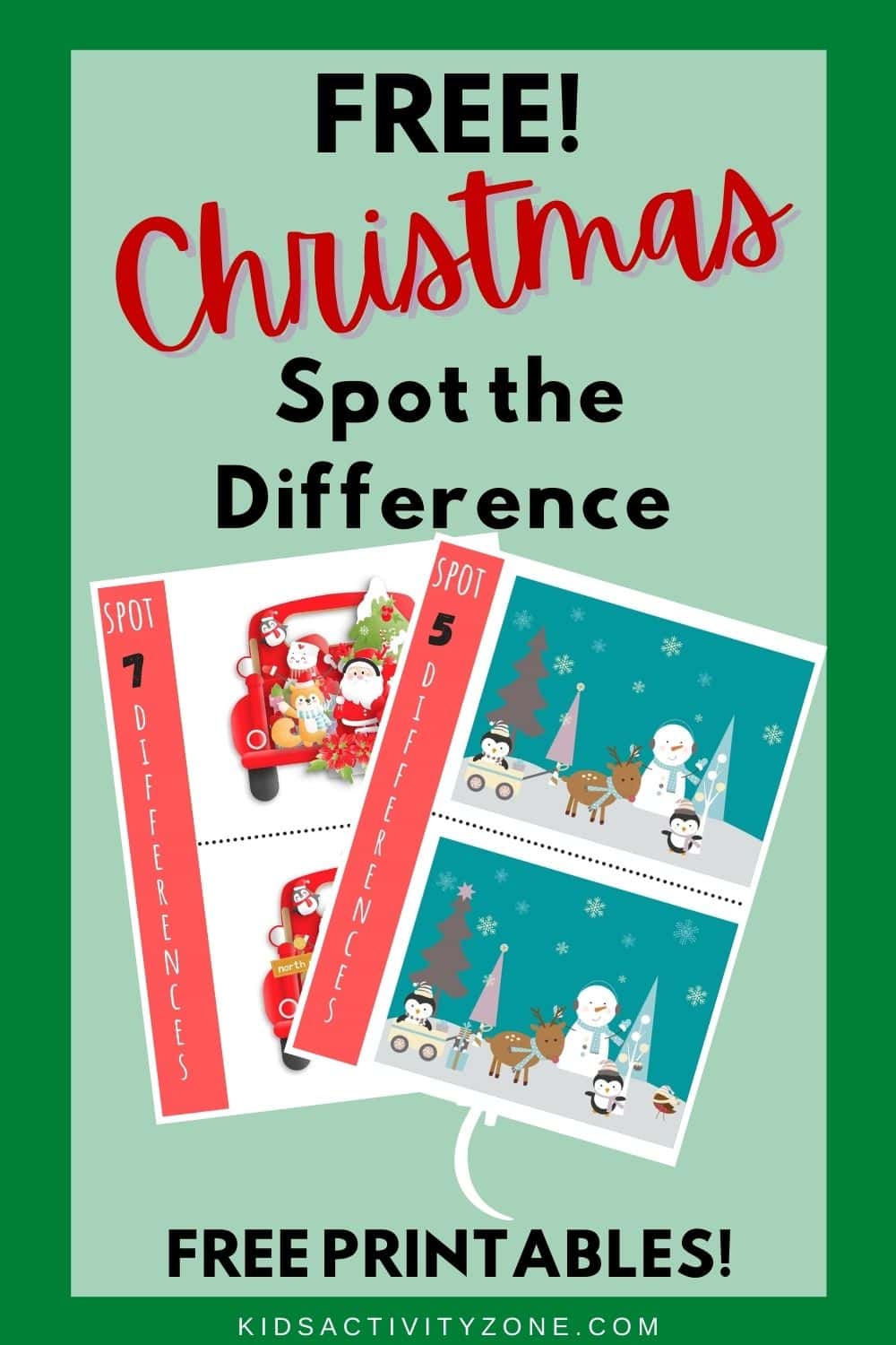 A fun free printable holiday activity! These Christmas Spot the Difference are a great activity for elementary children, but can be fun for all. Add them to any holiday party, gathering or print them for your kids to keep busy. It includes five difference spot the difference puzzles with a Christmas theme.