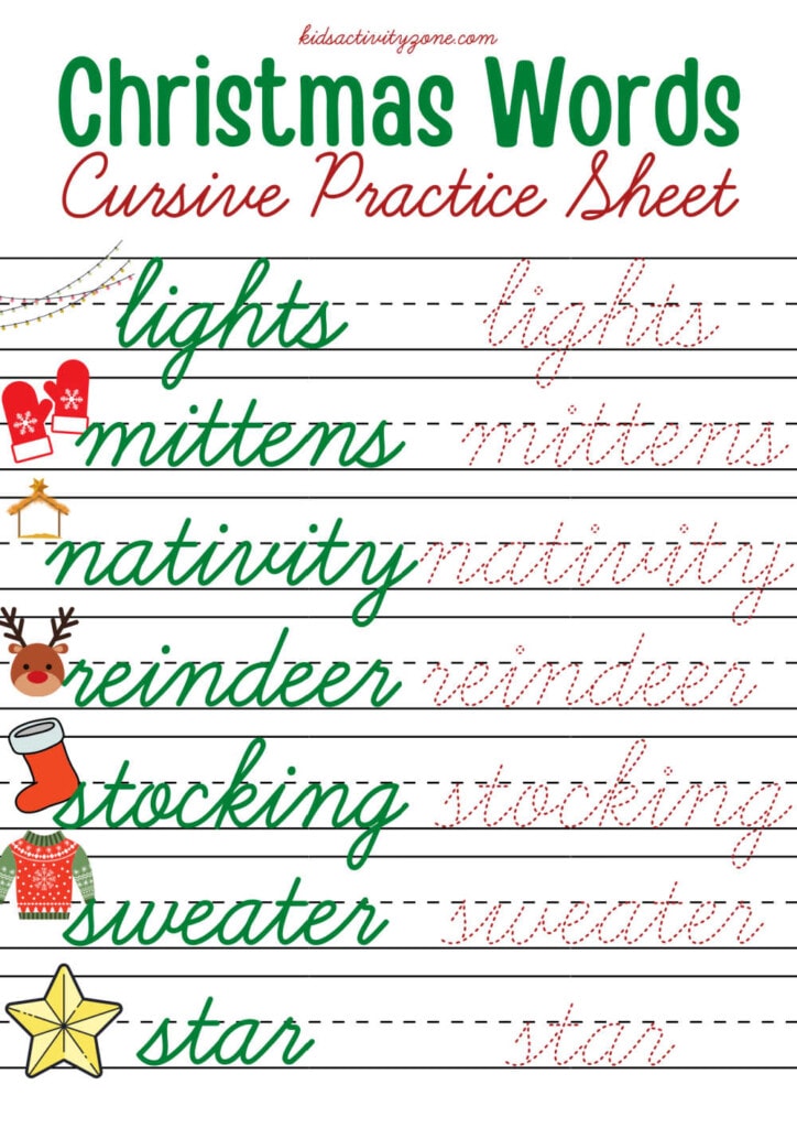 Christmas Words Cursive Practice Sheets 