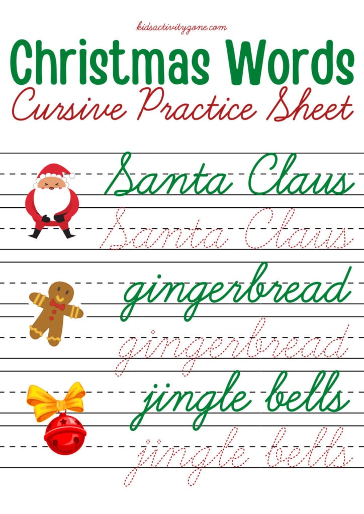 Christmas Words Cursive Practice Sheets 