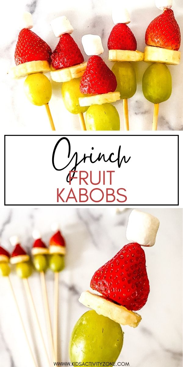It's almost Christmas and these Grinch Kabobs are a fun and healthy snack idea for kids! All you need to do is thread a grape, banana, strawberry and miniature marshmallow on a skewer or toothpick!