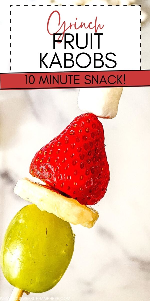 Grinch Fruit Kabobs are an easy and healthy snack idea for the holidays! Simply thread a grape, banana, strawberry and miniature marshmallow on a skewer or toothpick to look like The Grinch!