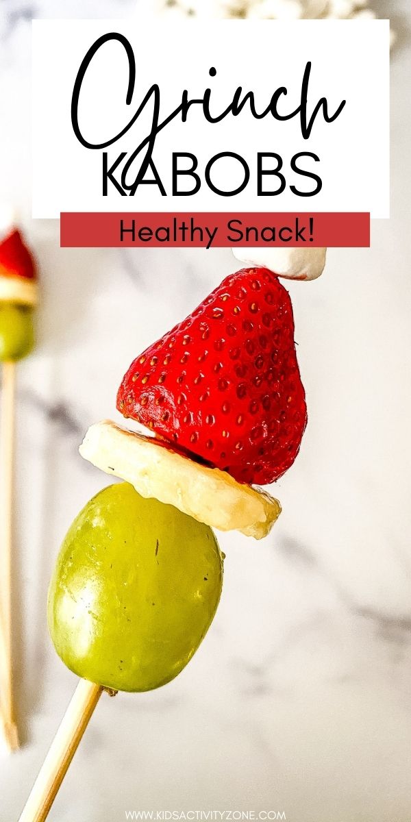 Grinch Kabobs look like the Grinch and are so easy to make that the kids can help make them. Just thread a grape, banana, strawberry and miniature marshmallow on a toothpick or wooden skewer to look like the Grinch! Great idea for holiday parties and a fun snack in the afternoon!