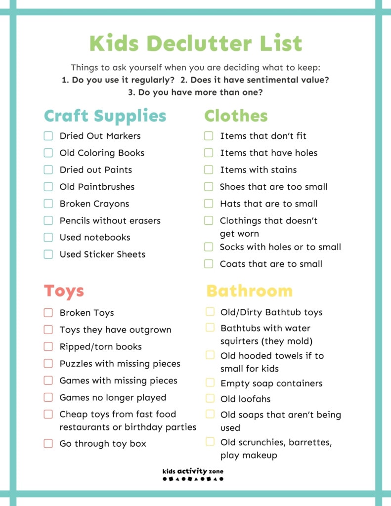 Kids Decluttering Checklist Printable