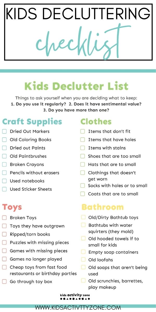 Free Printable Kids Decluttering Checklist is a great way to teach kids how to declutter the house and clean it. The printable checklist has tasks broke down by areas. Easy, simple things for kids to be responsible for and teach them how to declutter on their own.