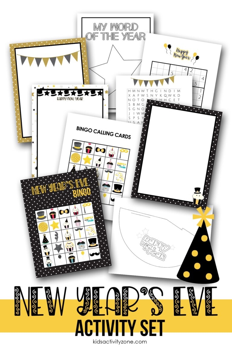 Pinterest collage image of New Year' Eve printable activities