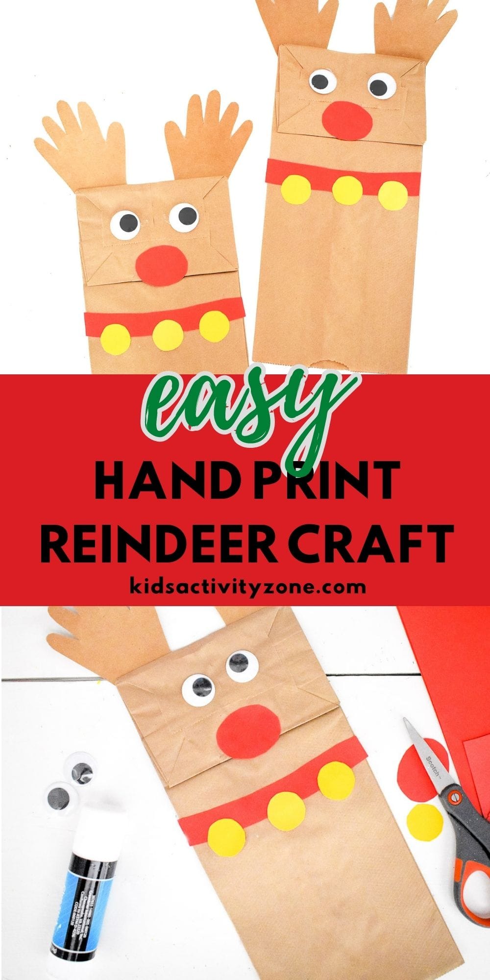 An adorable and easy Christmas craft that anyone can tackle! This Paper Bag Handprint Reindeer Craft needs minimal supplies and is quick and easy to make. Perfect for toddlers and preschoolers. Simply cut out the handprints, glue onto a paper bag, decorate and you have yourself a cute little reindeer the kids will love!