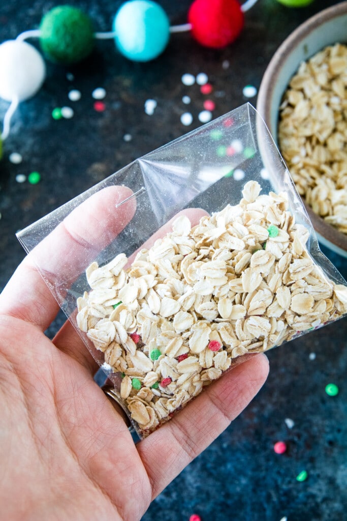 Small clear bag with reindeer food in it with top stapled shut