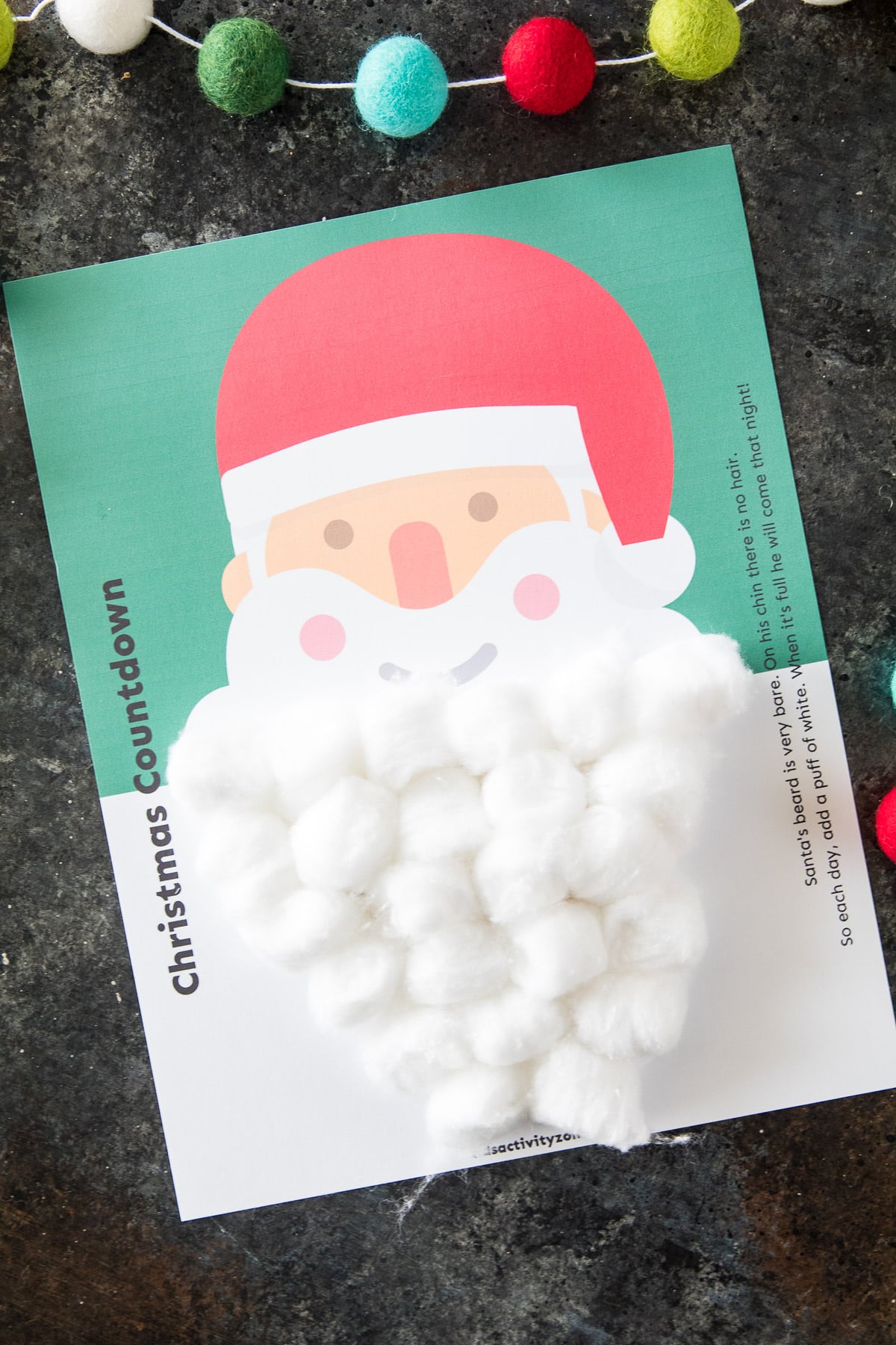 Santa Christmas Countdown Printable with beard filled with cotton balls