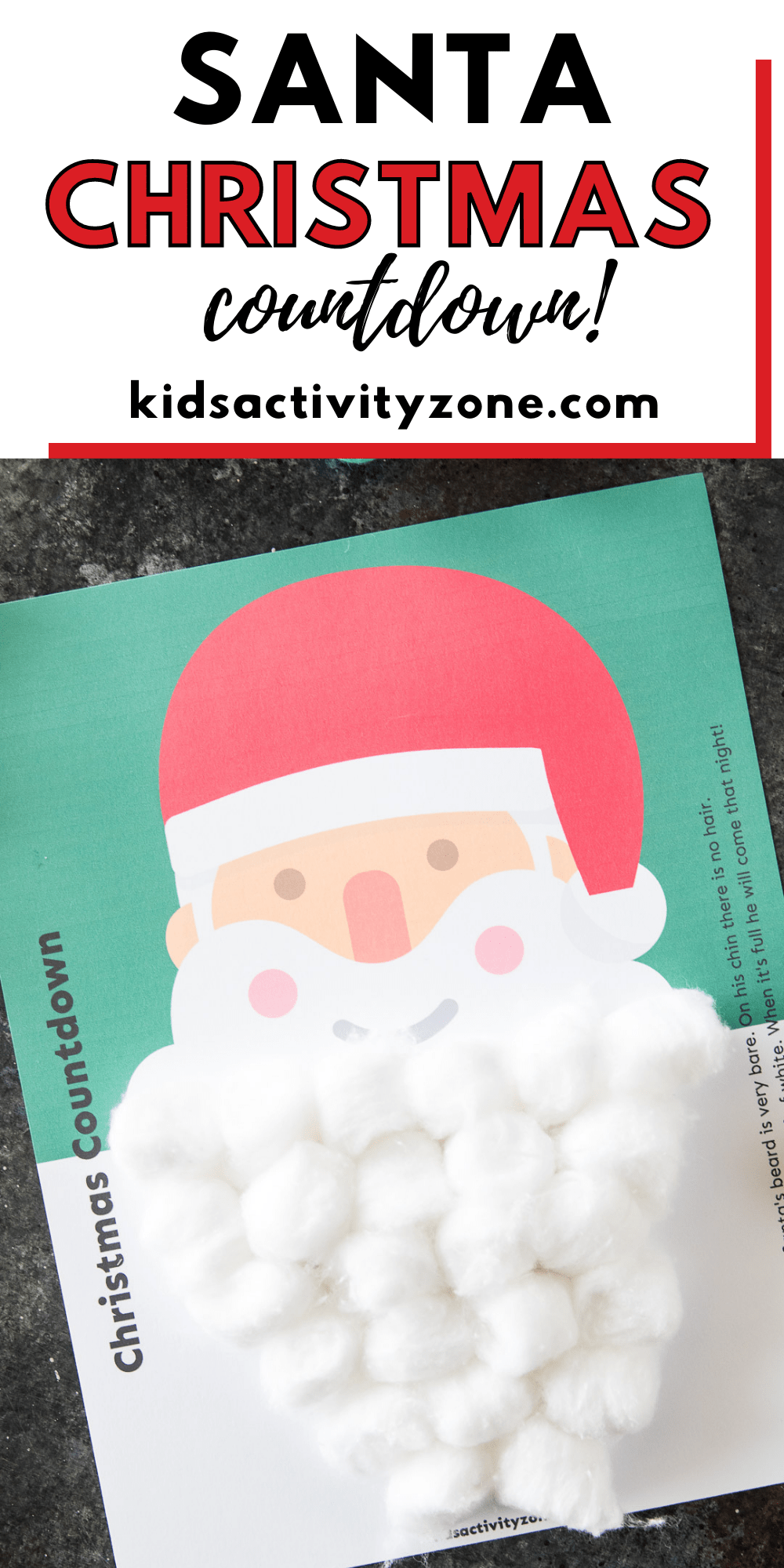 Need a quick and easy Christmas Countdown for the kids? This adorable Santa printable is what you need. Simply glue on a cotton ball on each day of the month to form a beard. When you are done Santa comes the next day!