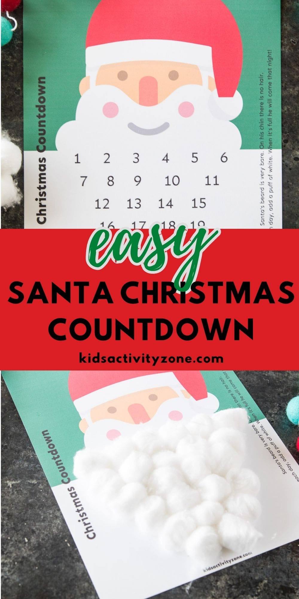 Need any easy Christmas Countdown? This Santa Christmas Countdown Printable is what you need! Just print it and put on a cotton ball for each day until Christmas Eve! Cute, simple and easy!
