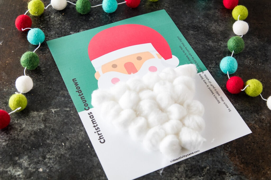 Santa Cotton Ball Christmas Countdown printable with cotton balls