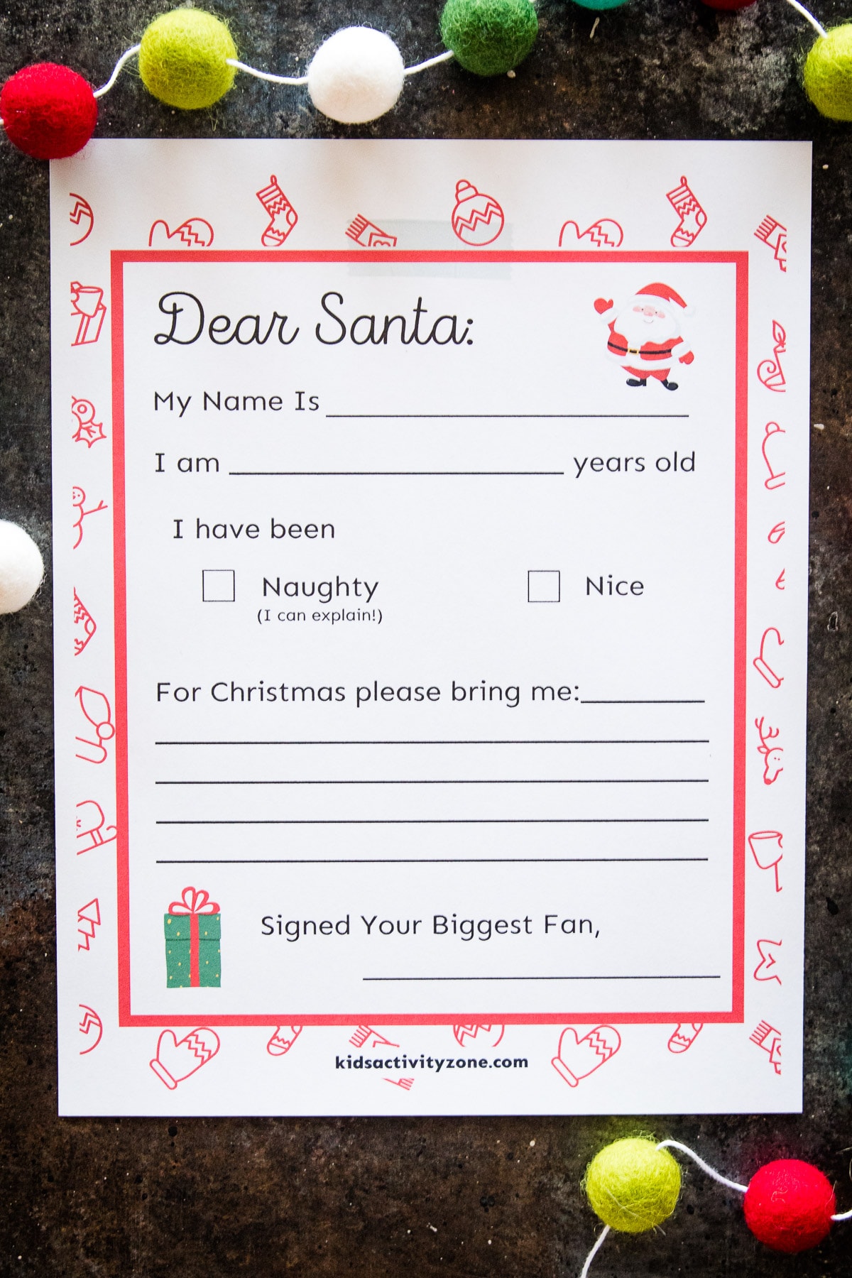 Letter to Santa for kids to fill out on dark background