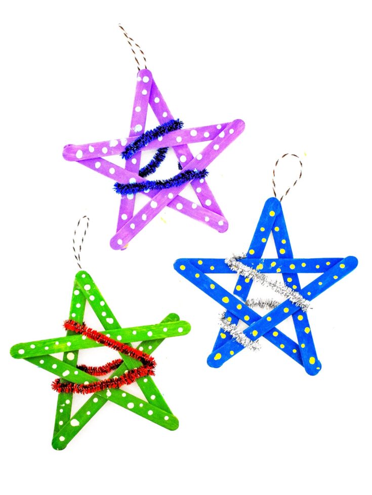 Thre Star Popsicle Stick Ornaments on white background