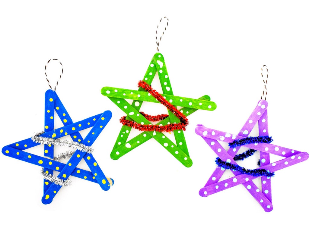 Set of three Star Popsicle Stick Ornaments in a row