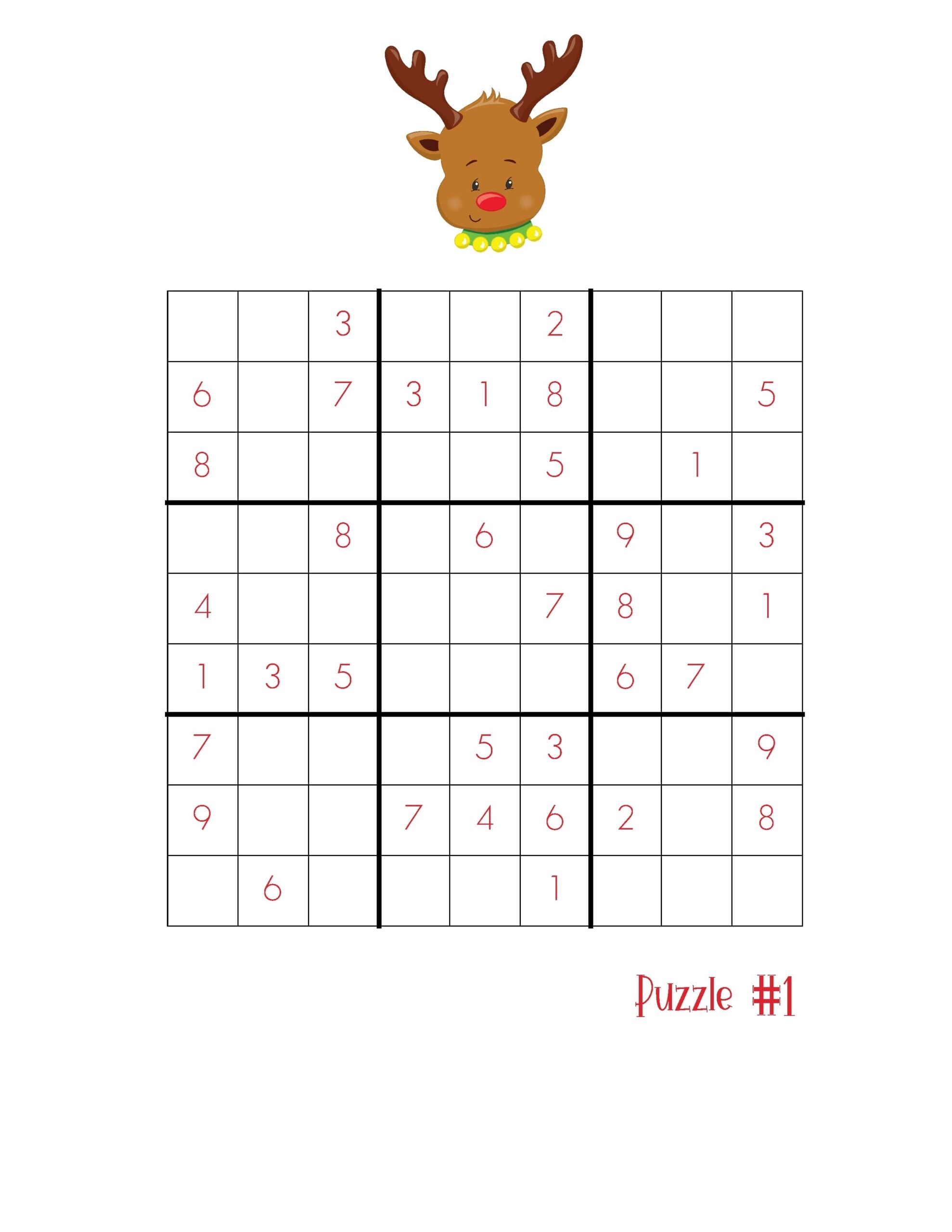 Christmas Sudoku Printable with Rudolph on it