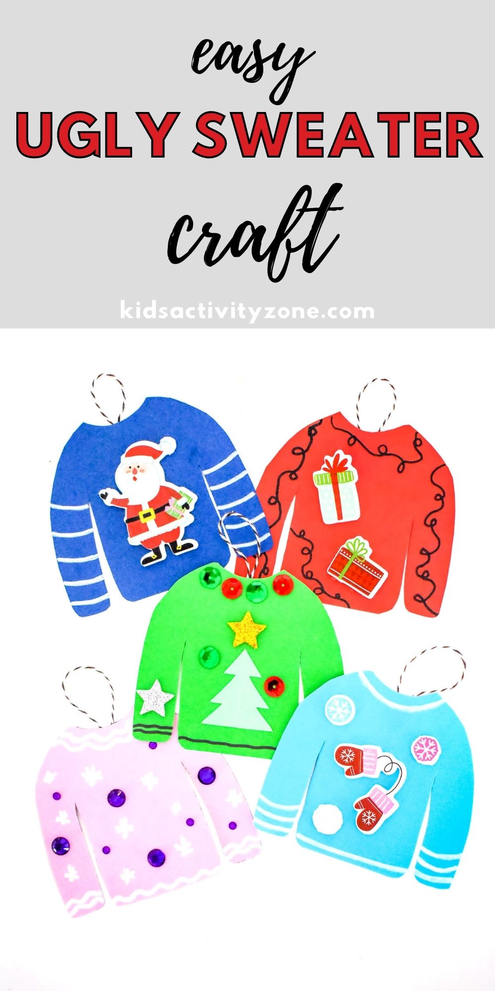 Having an Ugly Sweater Christmas party and need an activity? Make these adorable Ugly Sweater Craft! Cut out the sweaters from the template and then decorate. So fun and cute!