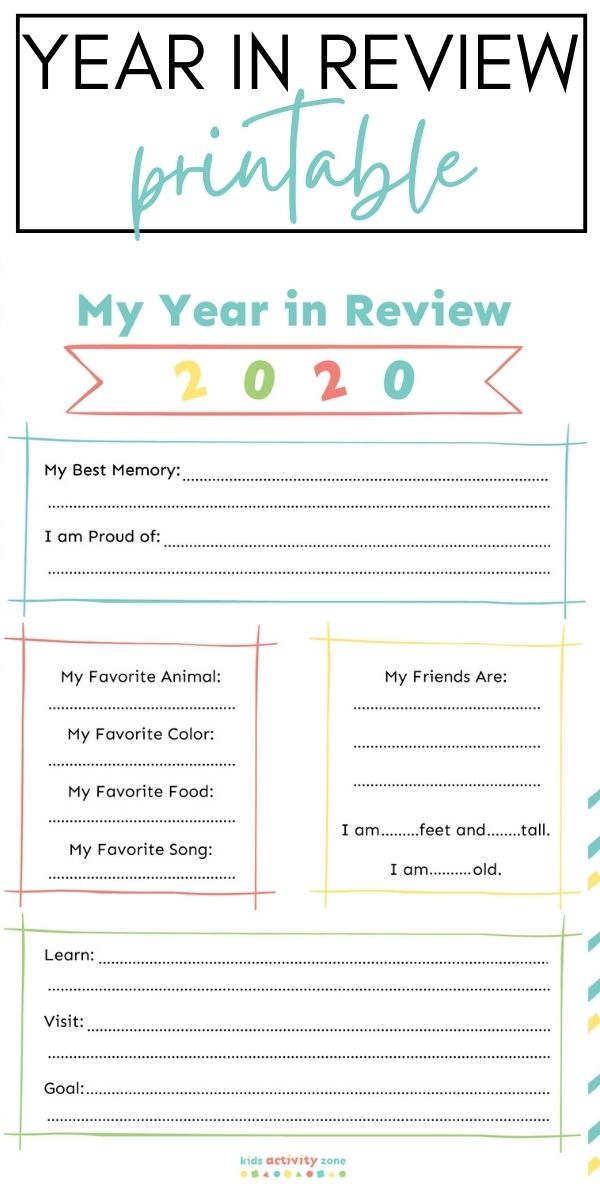 My Year In Review Printable for Kids is the perfect way to keep those memories alive! Fill out this printable about this past year then list your goals for next year. Tuck it away in your kids memento box to look back on.