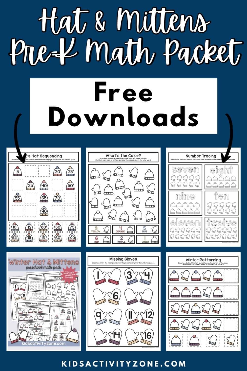 Free Preschool Math Worksheets with a fun Hats & Mittens theme perfect for winter fun. This free math packet download will have children practice counting, coloring, cutting, patterns and more! Grab your free download of these pre-k math worksheets for your classroom or at home use today!