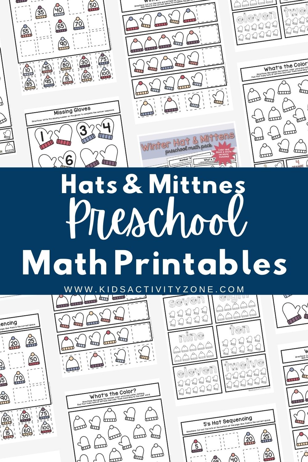 Free Preschool Math Printables with a fun Hats & Mitten Theme! Children will practice their math skills by writing missing numbers, sequencing 5's numbers, fill in the pattern, number tracing and more!