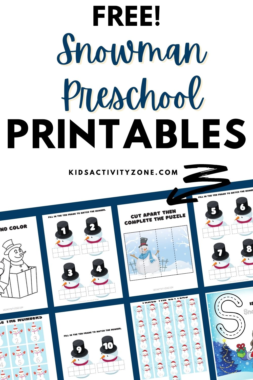 Free printable preschool worksheets that are snowman themed. Your kids or students will practice tracing numbers, tracing lines, tracing letters, cutting and doing fill in the ten boxes. They are a free download so grab these preschool worksheets. 