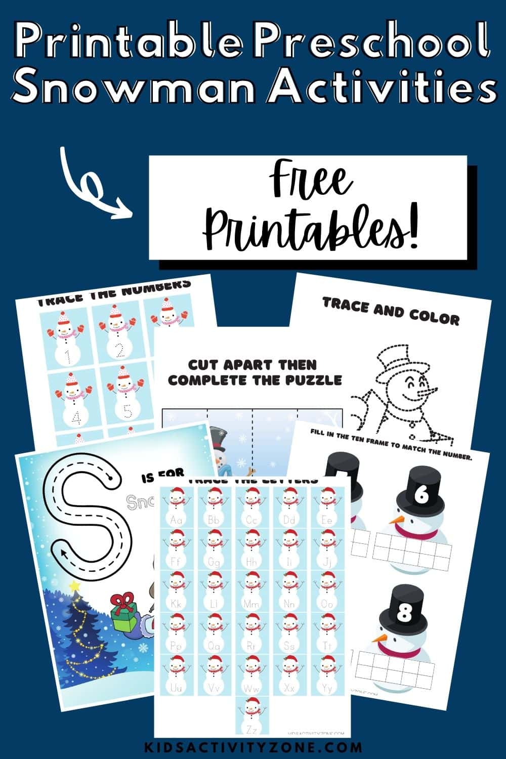 Snowman Preschool Activities Printable is a free download for at home or preschool. These free worksheets for preschool have kids practice cutting, tracing numbers, letters, letter and number recognition and more! Grab this free download today.