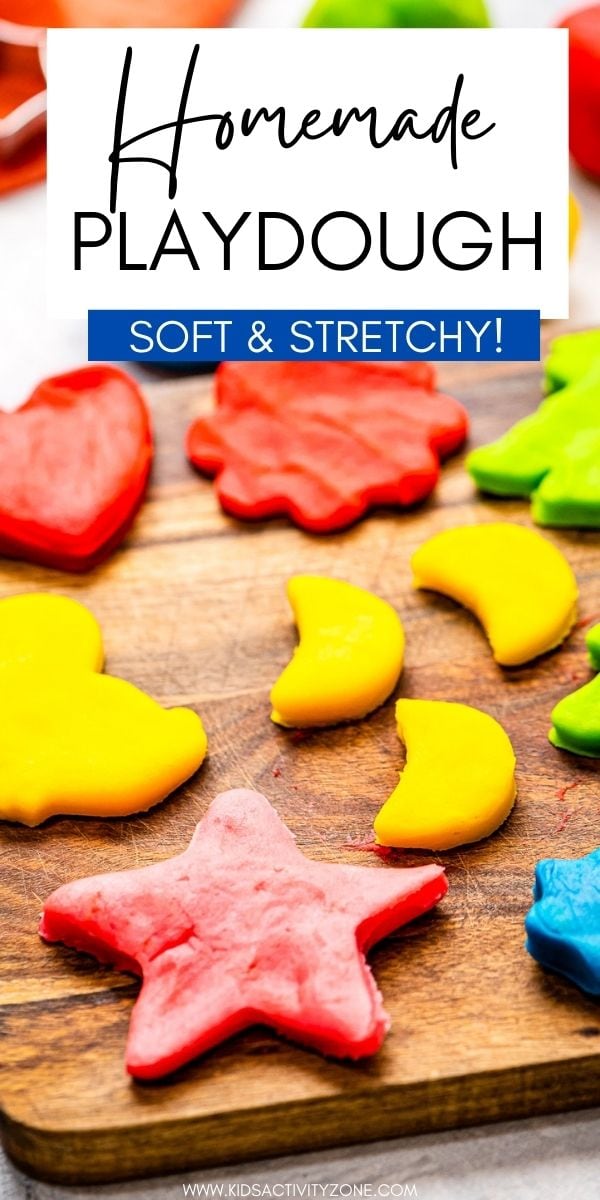 The best soft, stretchy homemade playdough recipe! Store it in wrapped in saran wrap and an airtight container and it will last up to three months. Have fun dying it any color you would like, add scents or glitter! This will be your go-to playdough recipe!