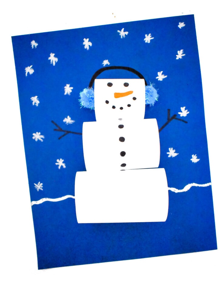 Paper Loop Snowman on blue background with snowflakes on paper