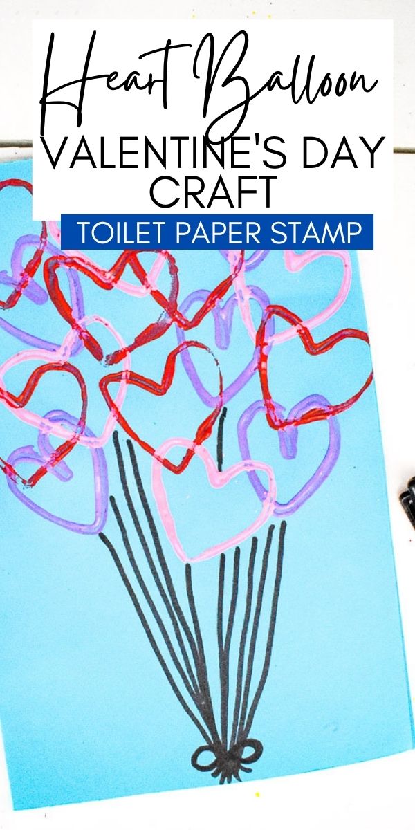This Heart Balloon Bouquet Valentine's Day Card is the perfect craft for young kids! Turn a toilet paper roll into a heart stamp. Tie it together with strings. It's such an easy Valentine's Day Craft!