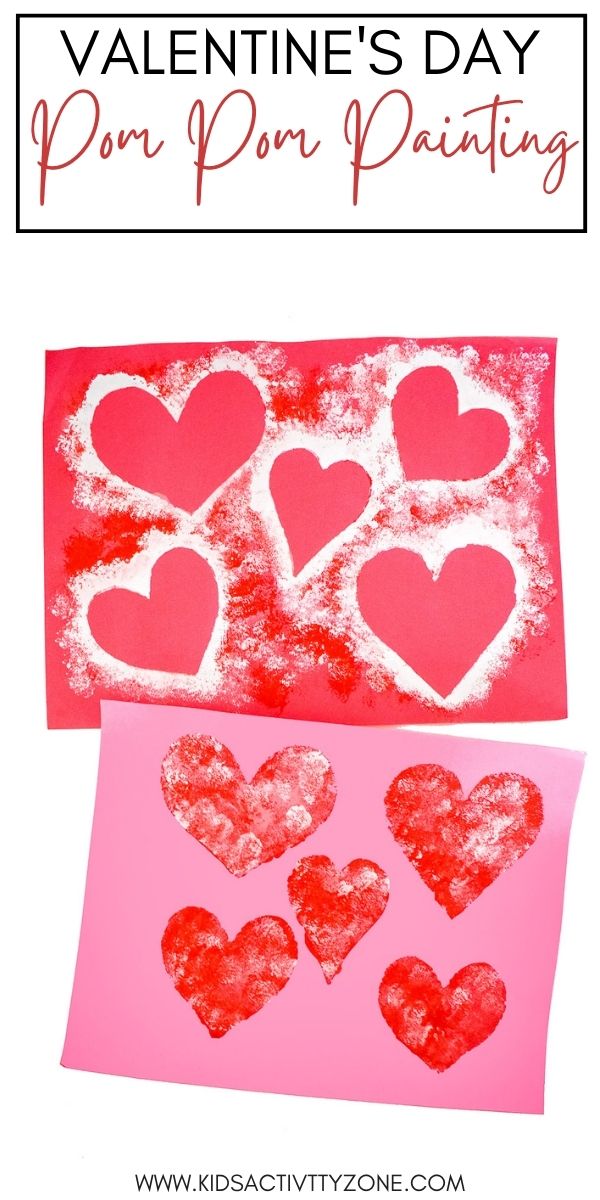Easy Valentine's Day Craft perfect for toddlers and preschoolers. Cut out hearts, tape them to paper and paint of them with a pom pom! Then peel off the hearts and you have a pretty Valentine's Day Painting!