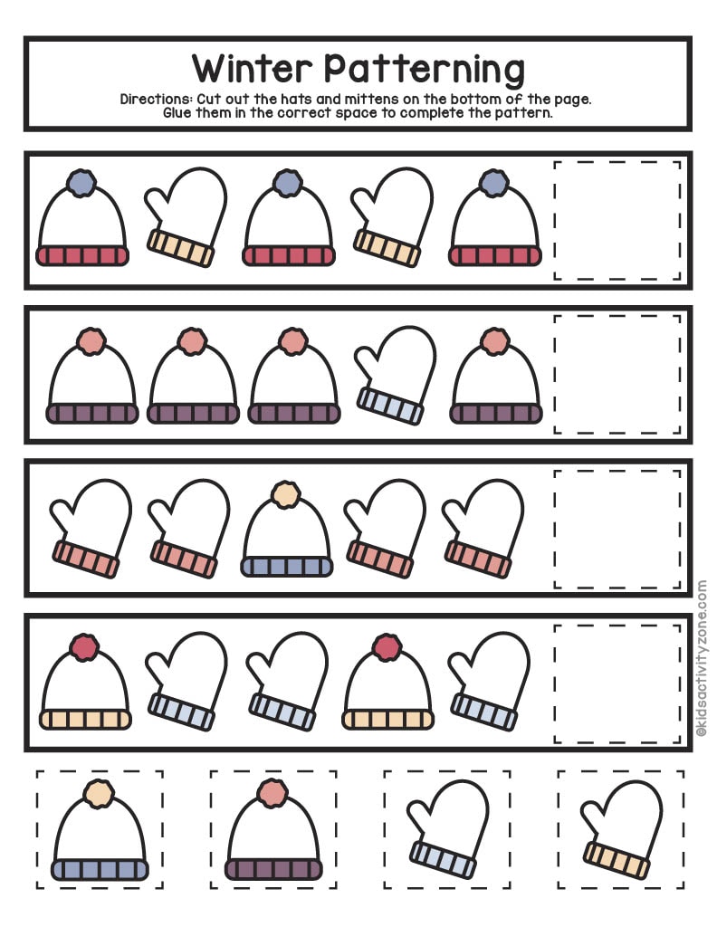 Winter Patterning with Hats and Mittens Preschool Worksheet
