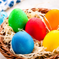 Brown Basket with Easter Eggs that are dyed