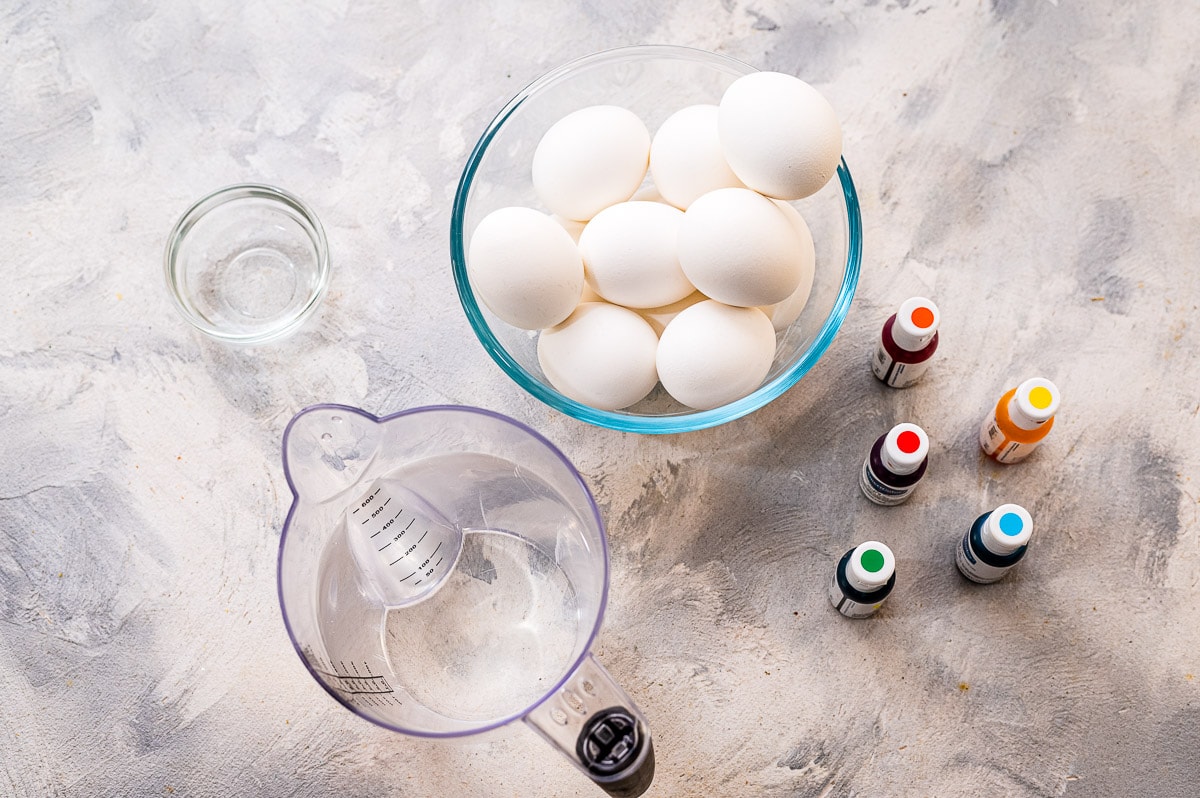 Overhead image of supplies to dye Easter Eggs