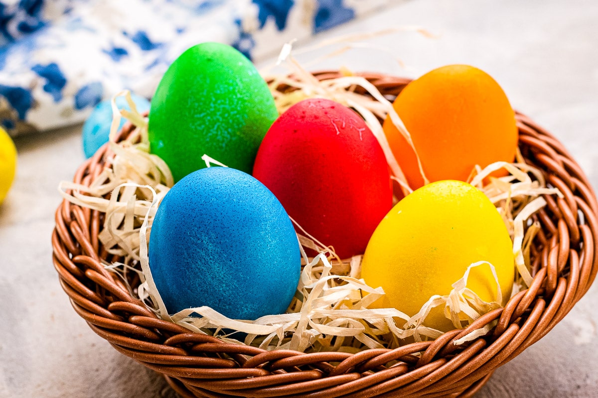 Basket with dyed Easter Eggs in it