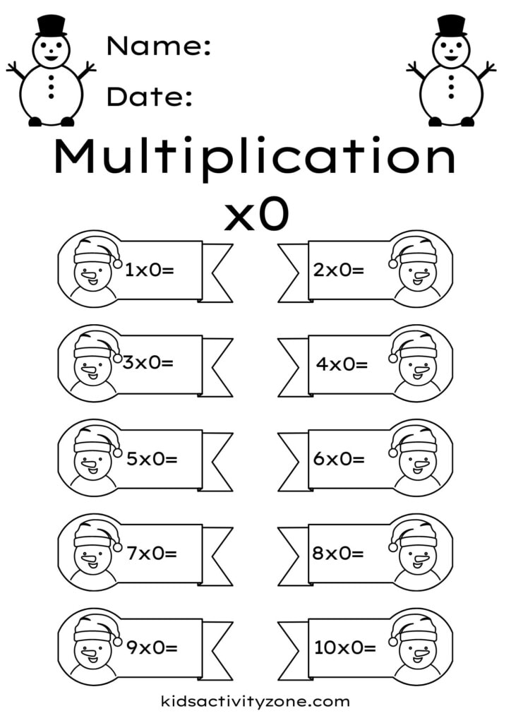Multiplication Fact Worksheets for 0