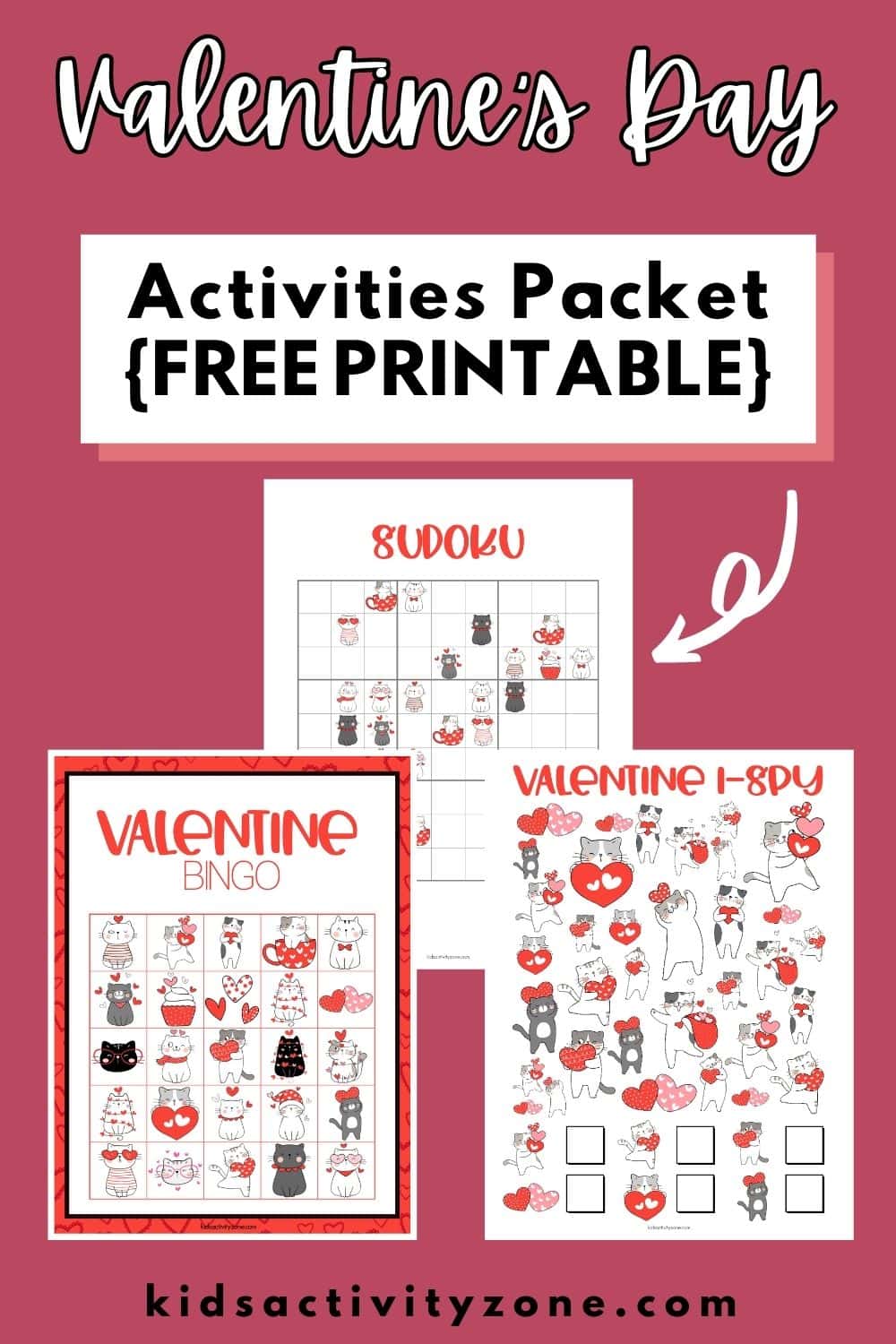 Free Valentine's Day Activities to print! This printable includes coloring pages, tic tac toe, I spy, Sudoku and more! It's perfect for using at home, parties or in the classrom.